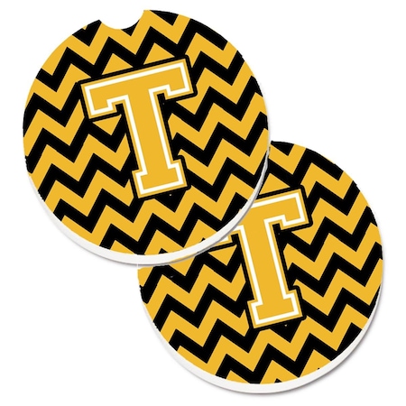 Carolines Treasures Letter T Chevron Black and Gold Set of 2 Cup Holder Car Coaster CJ1053-TCARC